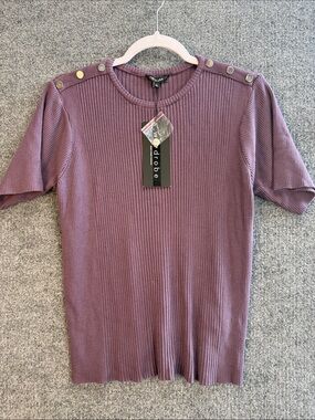Wardrobe Ribbed Short Sleeve Top with Shoulder Buttons - Mauve Size XL